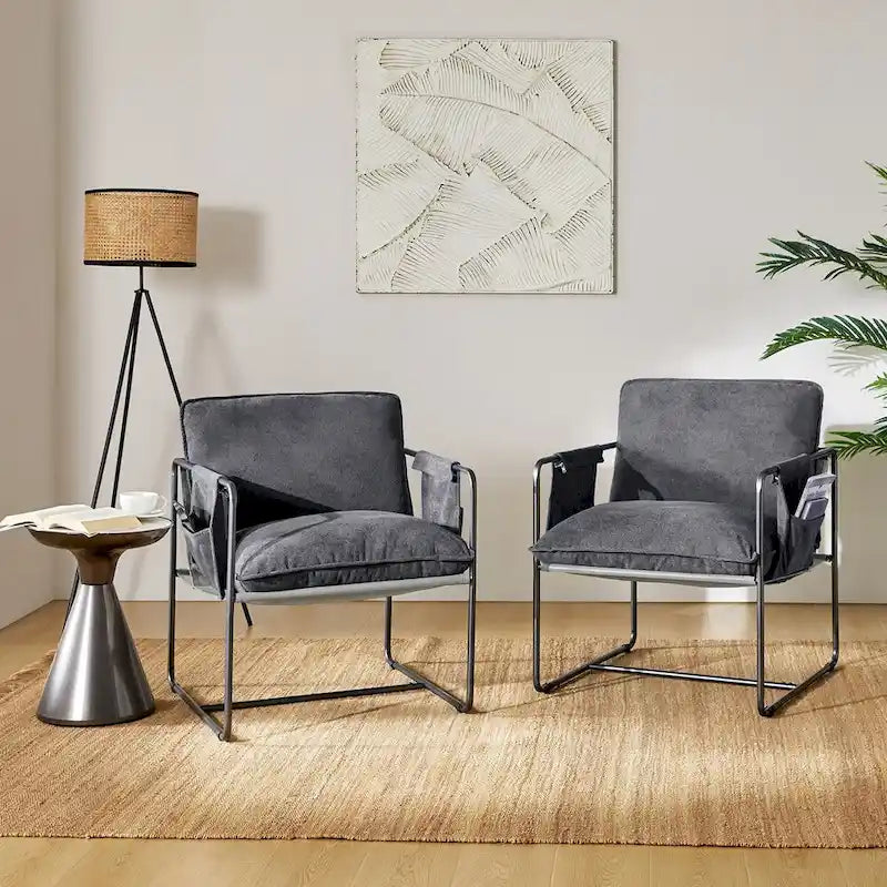 Rebeca Modern Metal Frame Arm Chair with Storage Pockets Set of 2 by HULALA HOME