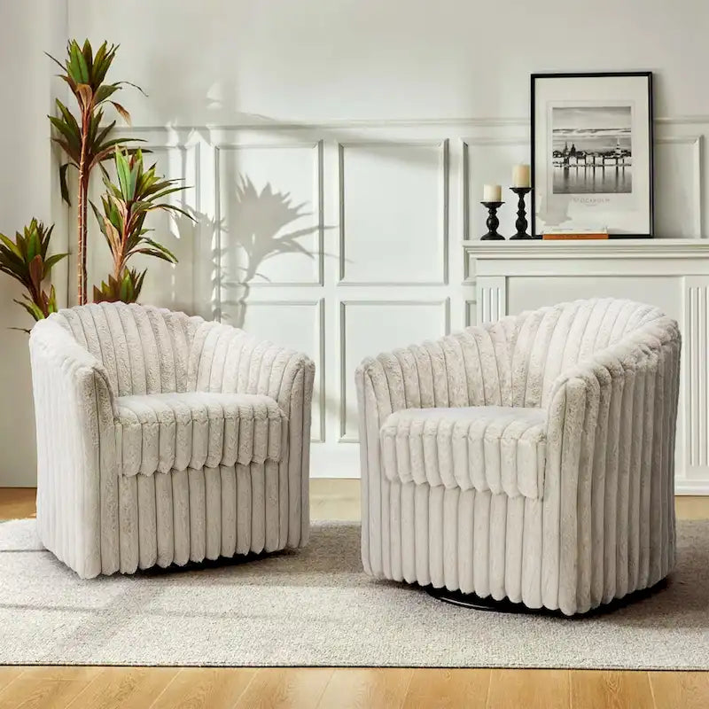 Faux Rabbit Fur Accent Chair 360-degree Swivel Barrel Chairs Set of 2