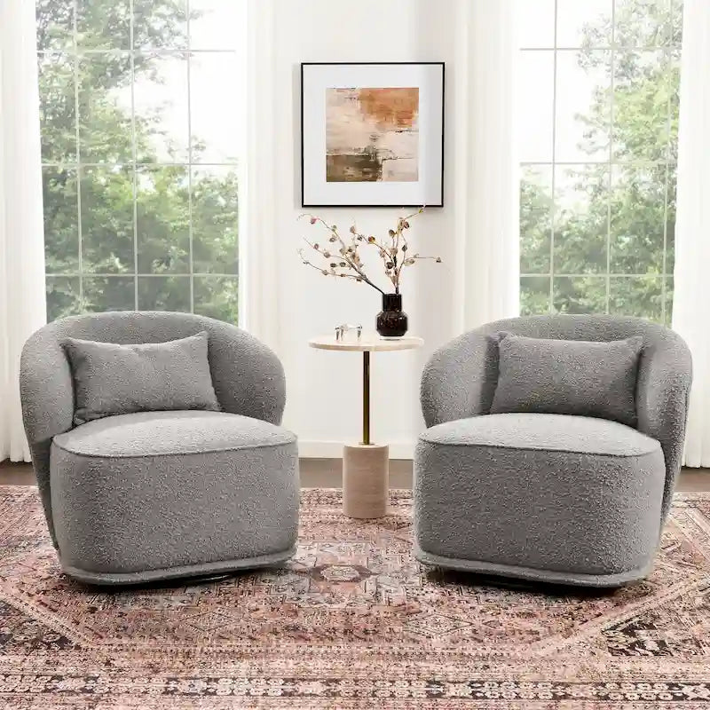 KINWELL 33 W gepolsterter Akzentsessel aus Sherpa-Bouclé-Stoff, drehbar (2er-Set)