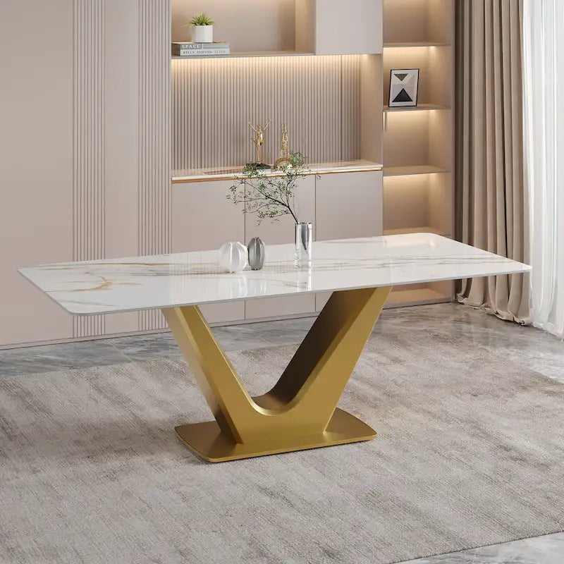 71 Modern Rectangular Dining Table for 6, White Glossy Sintered Stone top with Gold Stainless Steel Legs