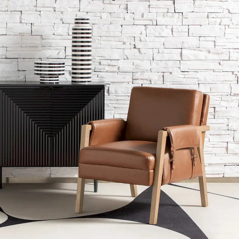Sillón decorativo de cuero sintético estilo granja Olivia, con patas de madera maciza, de HULALAHOME
