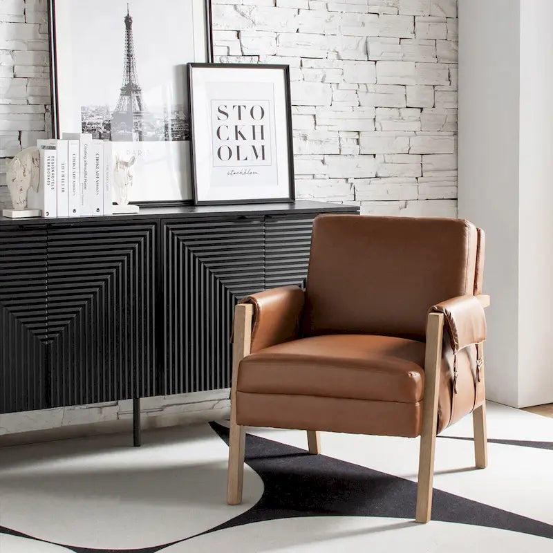 Olivia Farmhouse Faux Leather Accent Chair with Solid Wood Legs By HULALAHOME