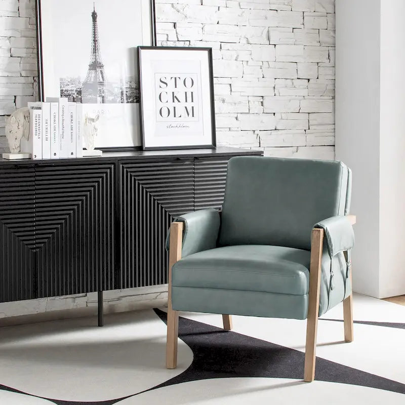 Olivia Farmhouse Faux Leather Accent Chair with Solid Wood Legs By HULALAHOME