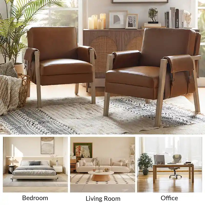 Olivia Farmhouse Faux Leather Accent Chair with Solid Wood Legs By HULALAHOME