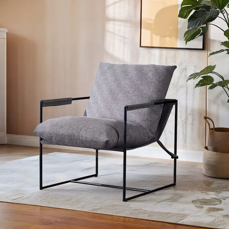 Silla tipo sling de lino para interiores, silla decorativa moderna con dos cojines suaves extraíbles, silla de estilo industrial con estructura de metal, silla cómoda