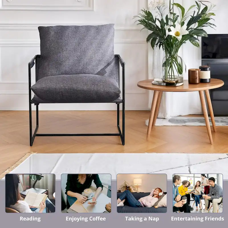 Linen Sling Chair Indoor Modern Accent Chair with Two Removable Soft Cushion Industrial Style Chair with Metal Frame Comfy Chair