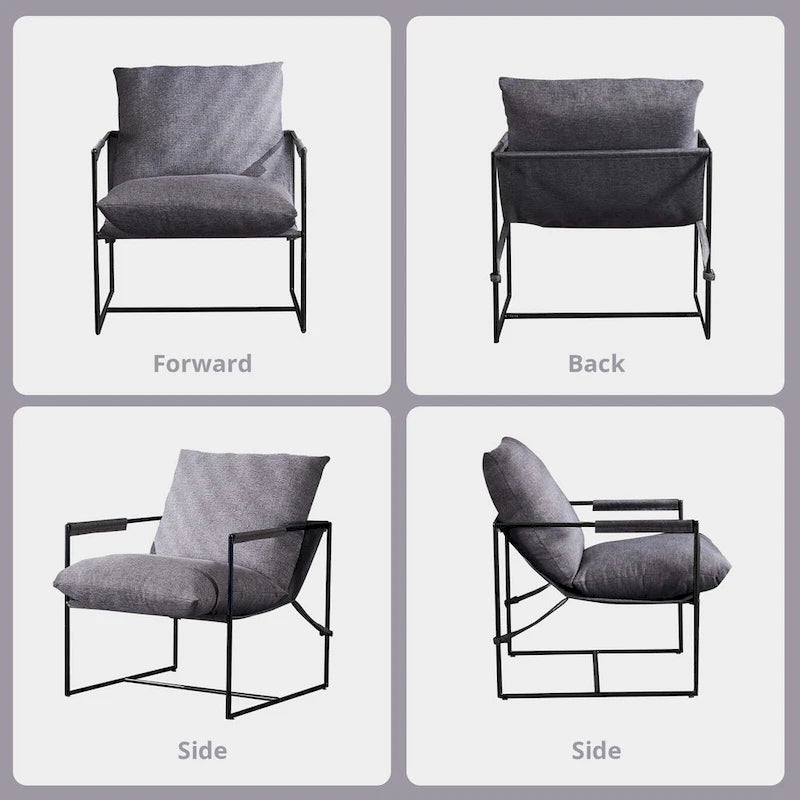 Linen Sling Chair Indoor Modern Accent Chair with Two Removable Soft Cushion Industrial Style Chair with Metal Frame Comfy Chair