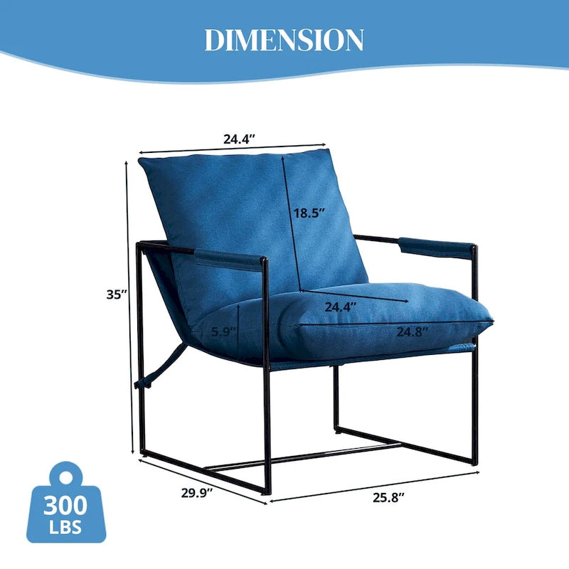 Linen Sling Chair Indoor Modern Accent Chair with Two Removable Soft Cushion Industrial Style Chair with Metal Frame Comfy Chair