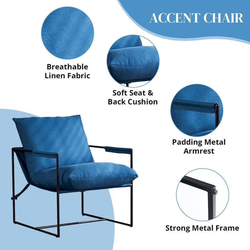 Linen Sling Chair Indoor Modern Accent Chair with Two Removable Soft Cushion Industrial Style Chair with Metal Frame Comfy Chair