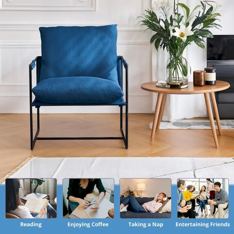 Linen Sling Chair Indoor Modern Accent Chair with Two Removable Soft Cushion Industrial Style Chair with Metal Frame Comfy Chair