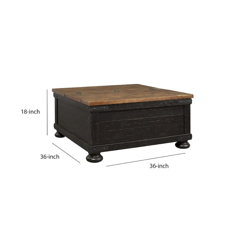 Square Wooden Lift Top Cocktail Table with Trunk Storage, Brown and Black