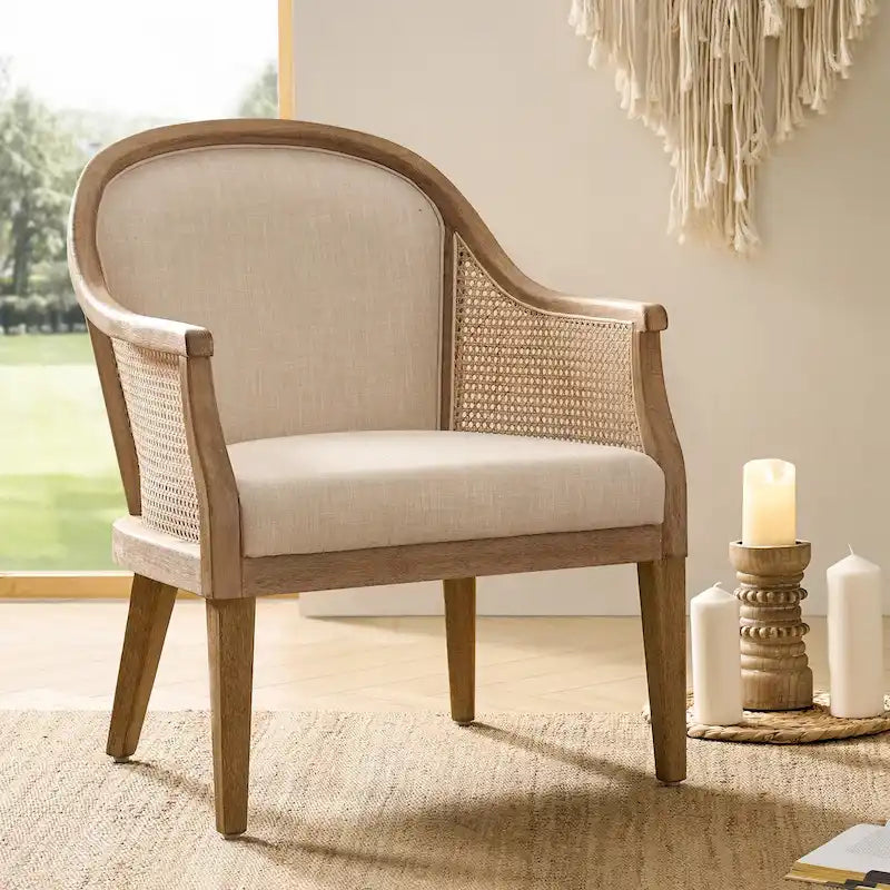 Sillón de ratán estilo granja Danilo, de madera maciza y con patas de madera maciza, de HULALA HOME