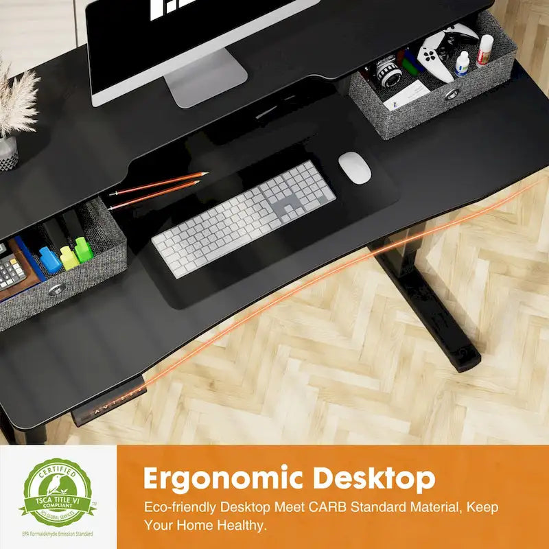 Black Adjustable Electric Standing Desk with Storage and Double Drawer for Home Office