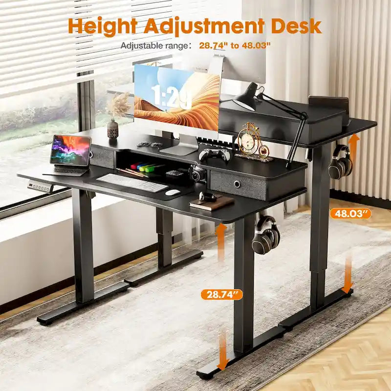 Black Adjustable Electric Standing Desk with Storage and Double Drawer for Home Office