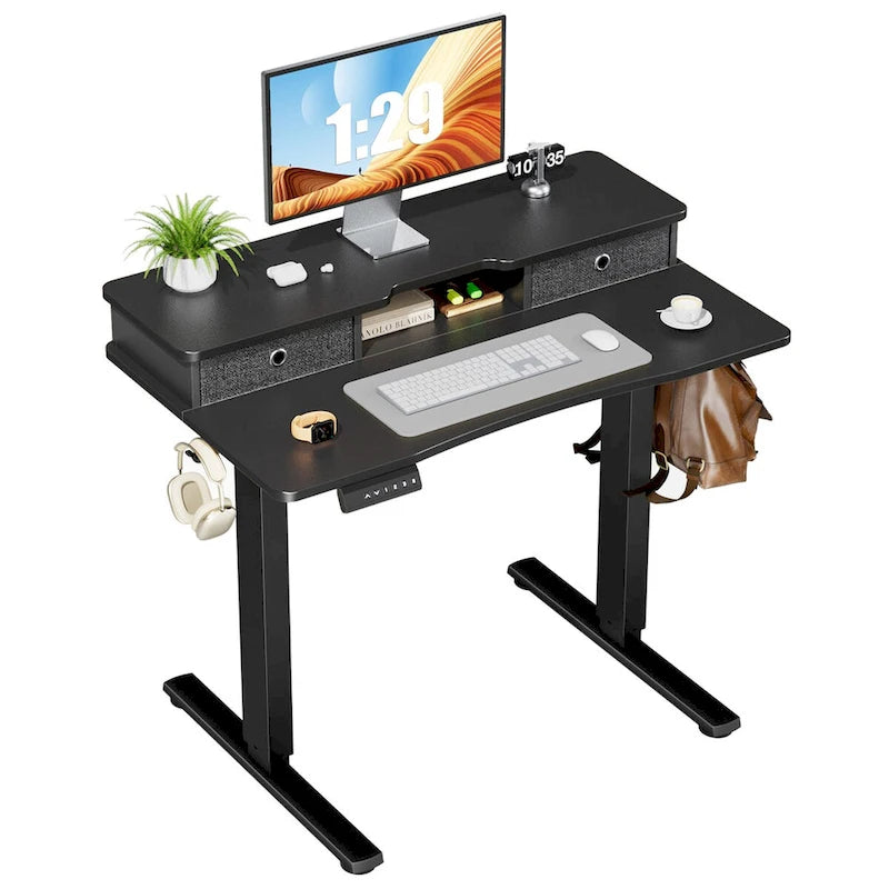 Black Adjustable Electric Standing Desk with Storage and Double Drawer for Home Office