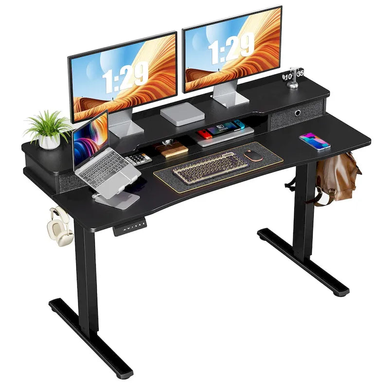 Black Adjustable Electric Standing Desk with Storage and Double Drawer for Home Office