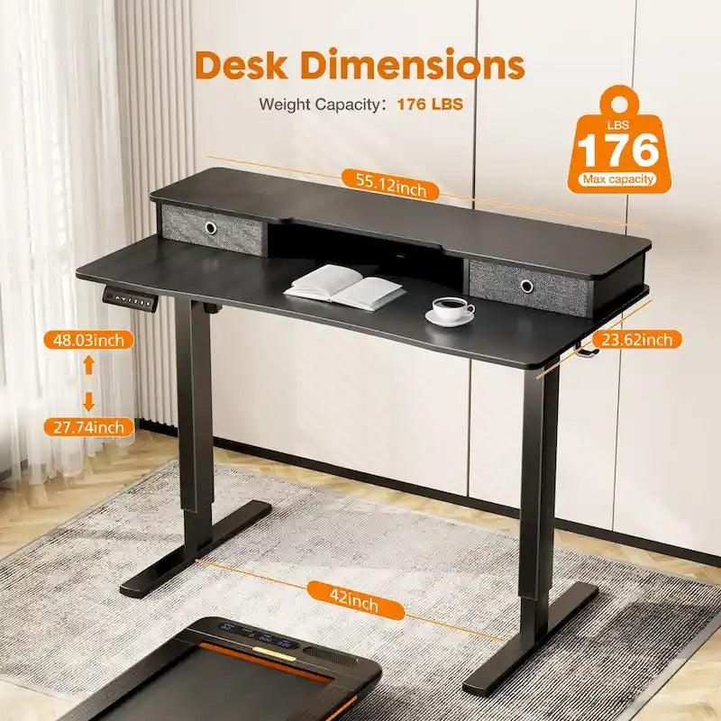 Black Adjustable Electric Standing Desk with Storage and Double Drawer for Home Office