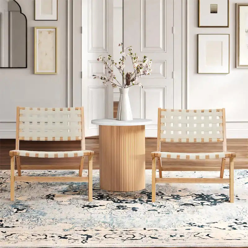 Akzentsessel aus natürlichem Kautschukholz mit weißem PU-Leder, niedriger Rückenlehne und ohne Armlehnen, 2er-Set – 28.5 H x 26.3 W x 26.5 D