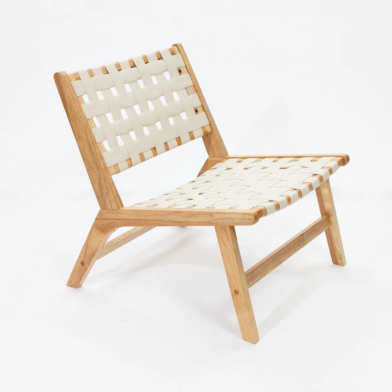 Akzentsessel aus natürlichem Kautschukholz mit weißem PU-Leder, niedriger Rückenlehne und ohne Armlehnen, 2er-Set – 28.5 H x 26.3 W x 26.5 D