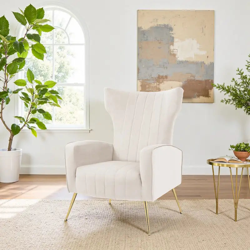 Sillón decorativo con respaldo alto de terciopelo a rayas y patas metálicas para la sala