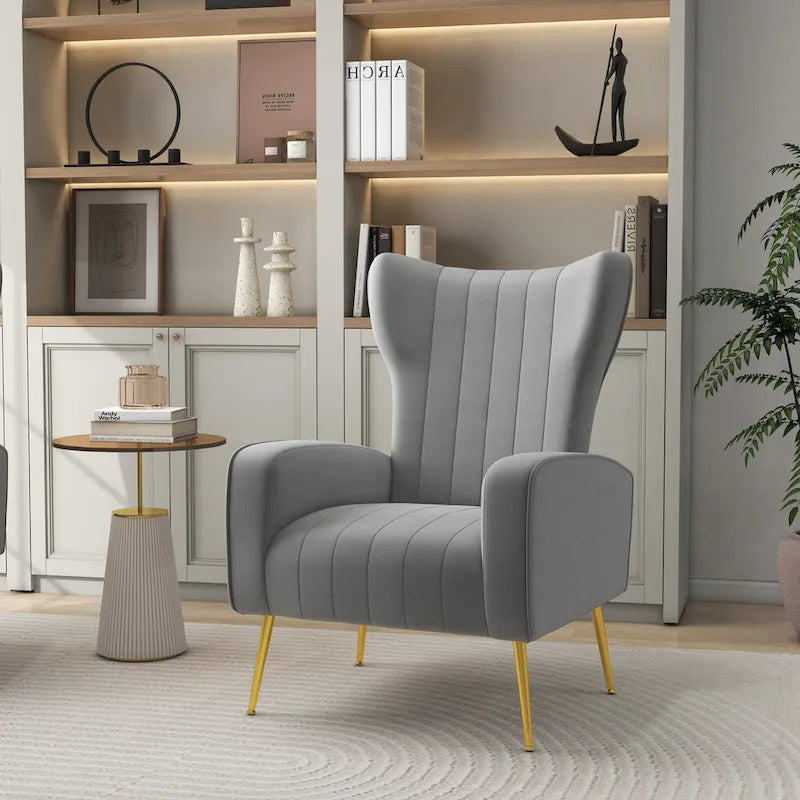 Velvet Stripe Wingback Accent Chair with Metal Legs for Living Room