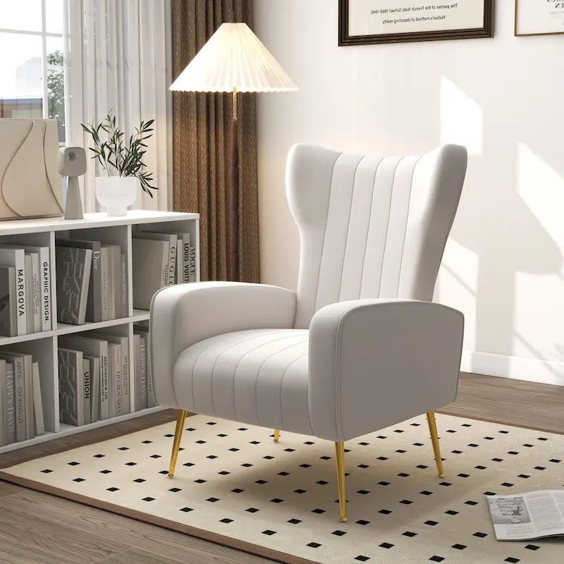 Velvet Stripe Wingback Accent Chair with Metal Legs for Living Room