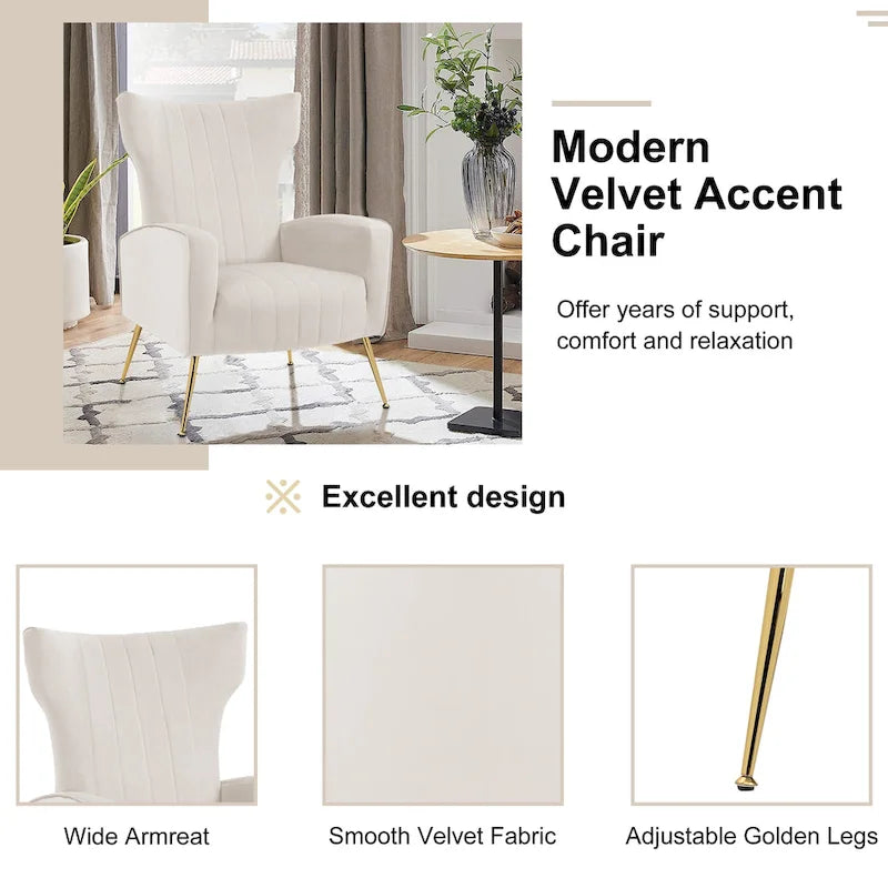 Velvet Stripe Wingback Accent Chair with Metal Legs for Living Room
