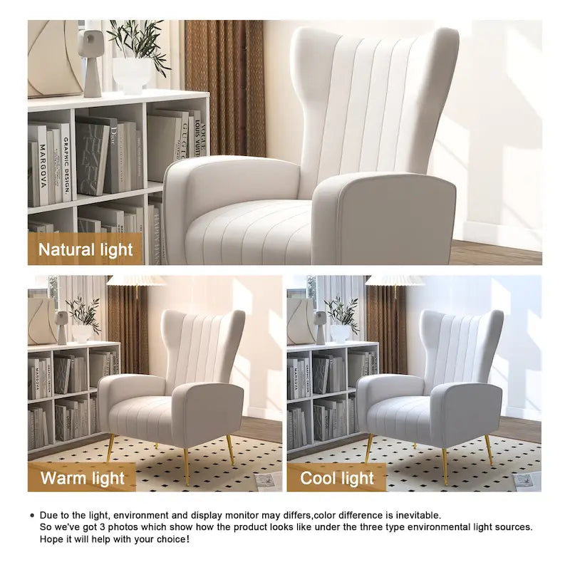 Velvet Stripe Wingback Accent Chair with Metal Legs for Living Room