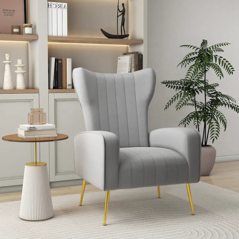 Velvet Stripe Wingback Accent Chair with Metal Legs for Living Room