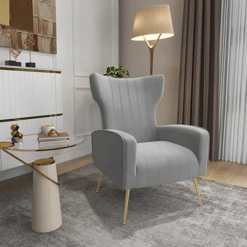 Velvet Stripe Wingback Accent Chair with Metal Legs for Living Room