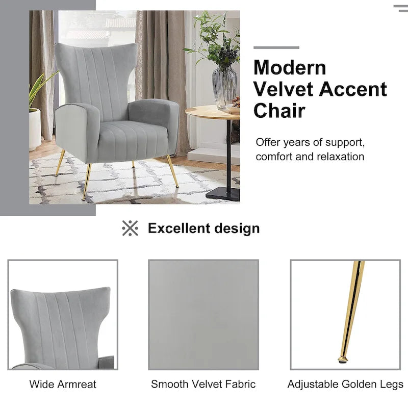 Velvet Stripe Wingback Accent Chair with Metal Legs for Living Room
