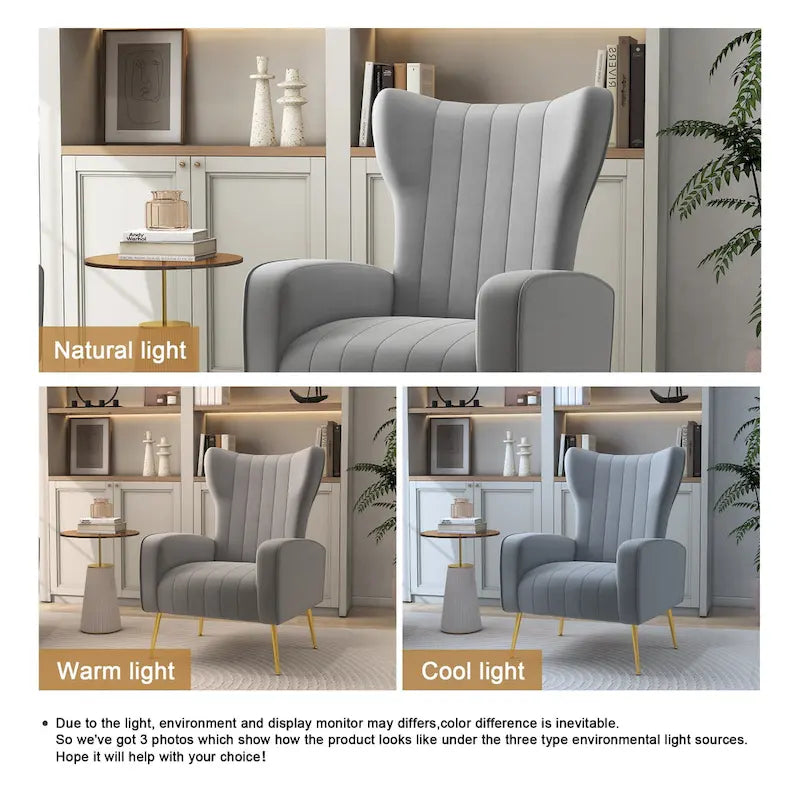 Velvet Stripe Wingback Accent Chair with Metal Legs for Living Room