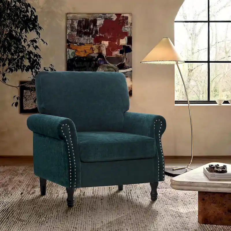 Sillón moderno tapizado, silla decorativa con ribete de tachuelas y patas de madera