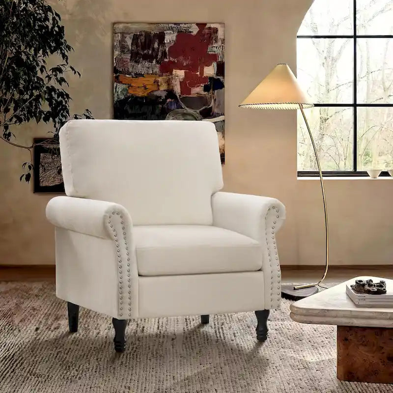 Sillón moderno tapizado, silla decorativa con ribete de tachuelas y patas de madera