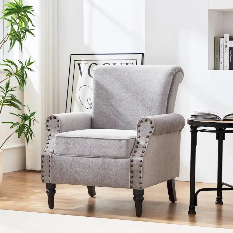 Silla decorativa moderna tapizada de estilo moderno de mediados de siglo con patas de madera maciza