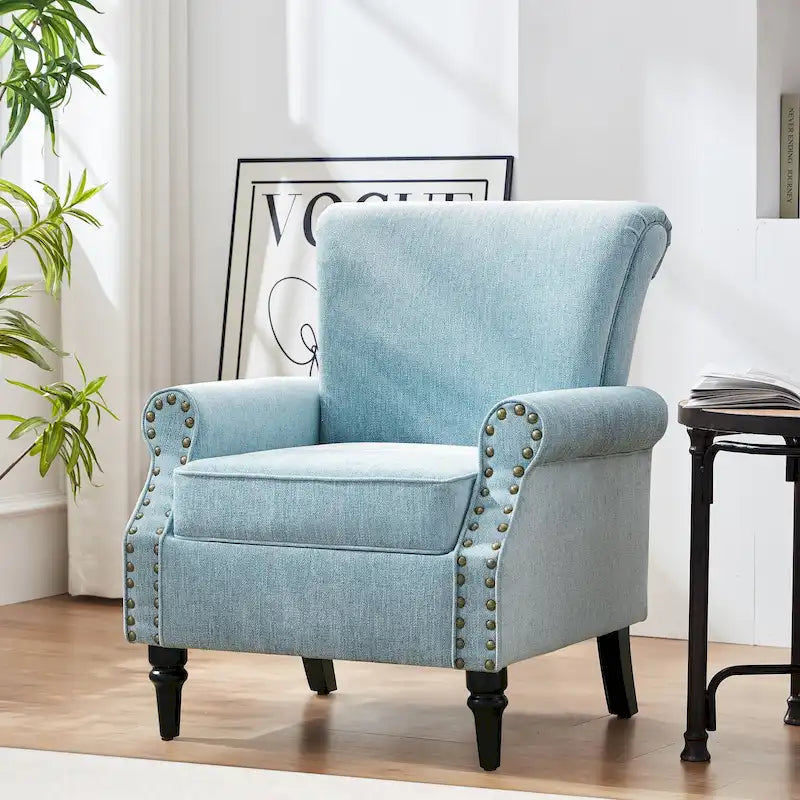 Silla decorativa moderna tapizada de estilo moderno de mediados de siglo con patas de madera maciza