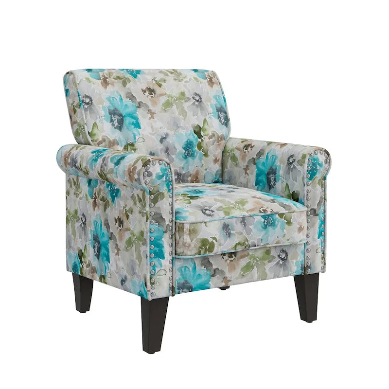 Silla decorativa tradicional Herve con brazos enrollados y tachuelas color peltre