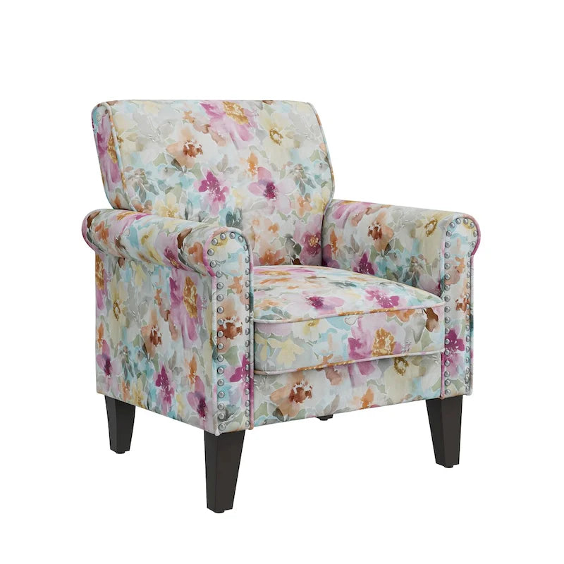 Silla decorativa tradicional Herve con brazos enrollados y tachuelas color peltre