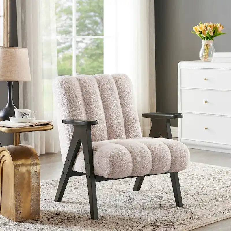 Silla decorativa moderna de tela teddy sherpa Rella de Roundhill Furniture con estructura de madera color espresso