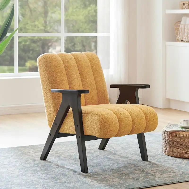 Roundhill Furniture Rella moderne accentstoel van teddy-sherpastof met espressokleurig houten frame