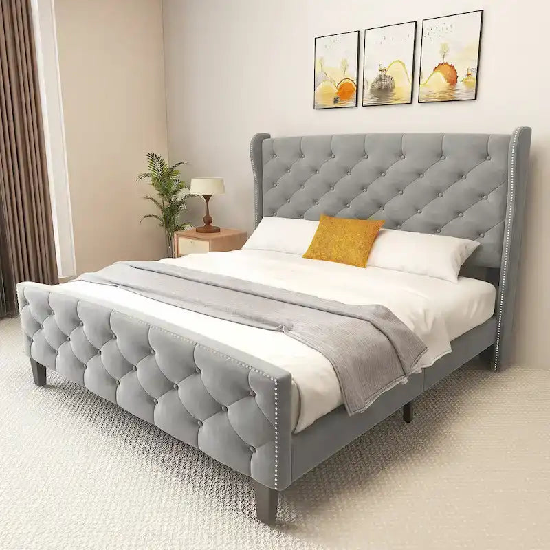 Moasis King Velvet Tufted Upholstered Wingback Platform Bed Frame with Headboard and Footboard