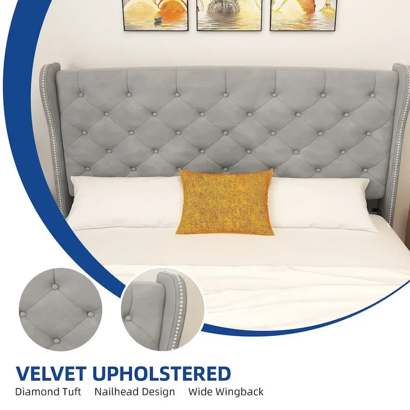 King Velvet Tufted Upholstered Wingback Platform Bed Frame with Headboard and Footboard