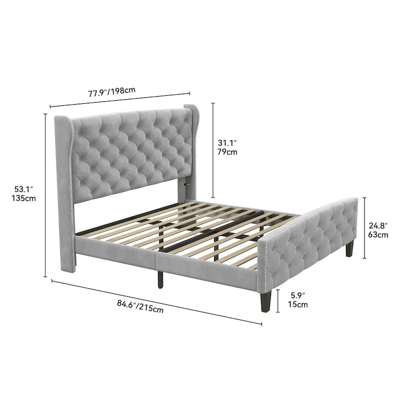 King Velvet Tufted Upholstered Wingback Platform Bed Frame with Headboard and Footboard