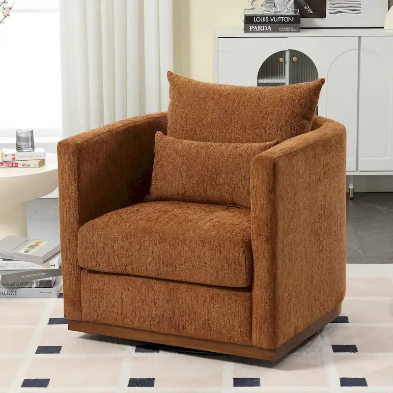 Chenille Upholstered 360 Degree Swivel Round Barrel Chair for Living Room