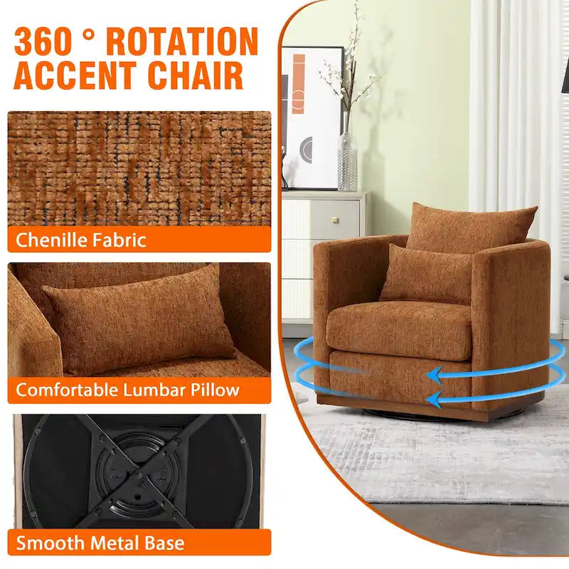 Chenille Upholstered 360 Degree Swivel Round Barrel Chair for Living Room