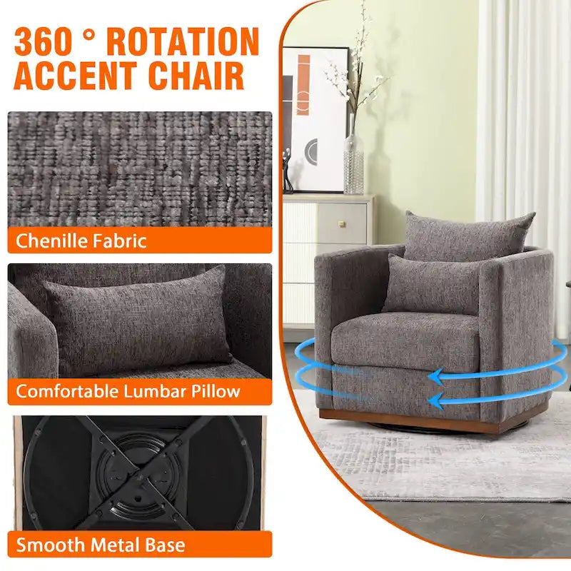 Chenille Upholstered 360 Degree Swivel Round Barrel Chair for Living Room