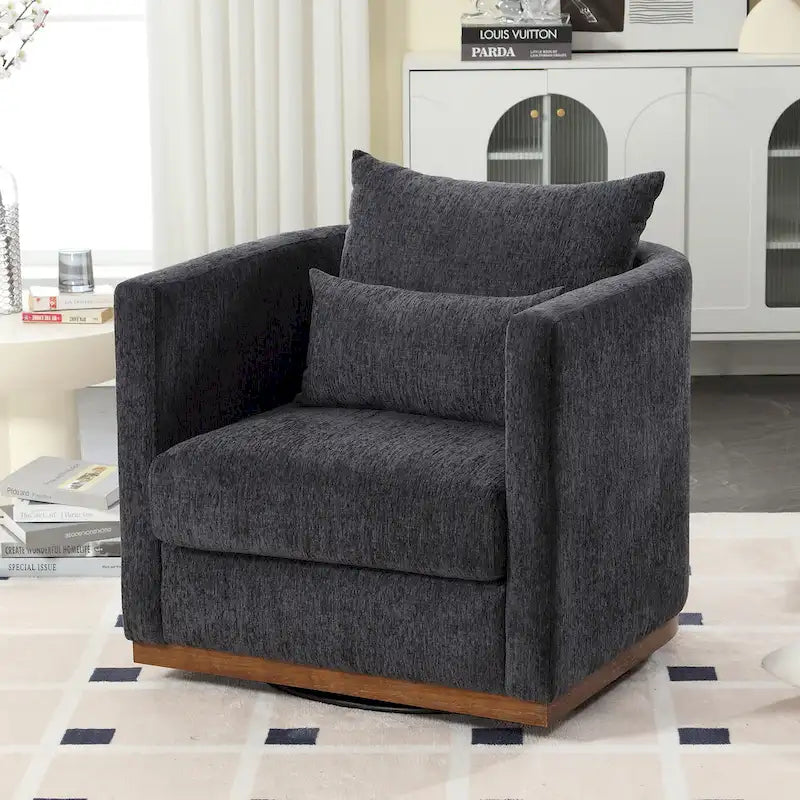 Chenille Upholstered 360 Degree Swivel Round Barrel Chair for Living Room