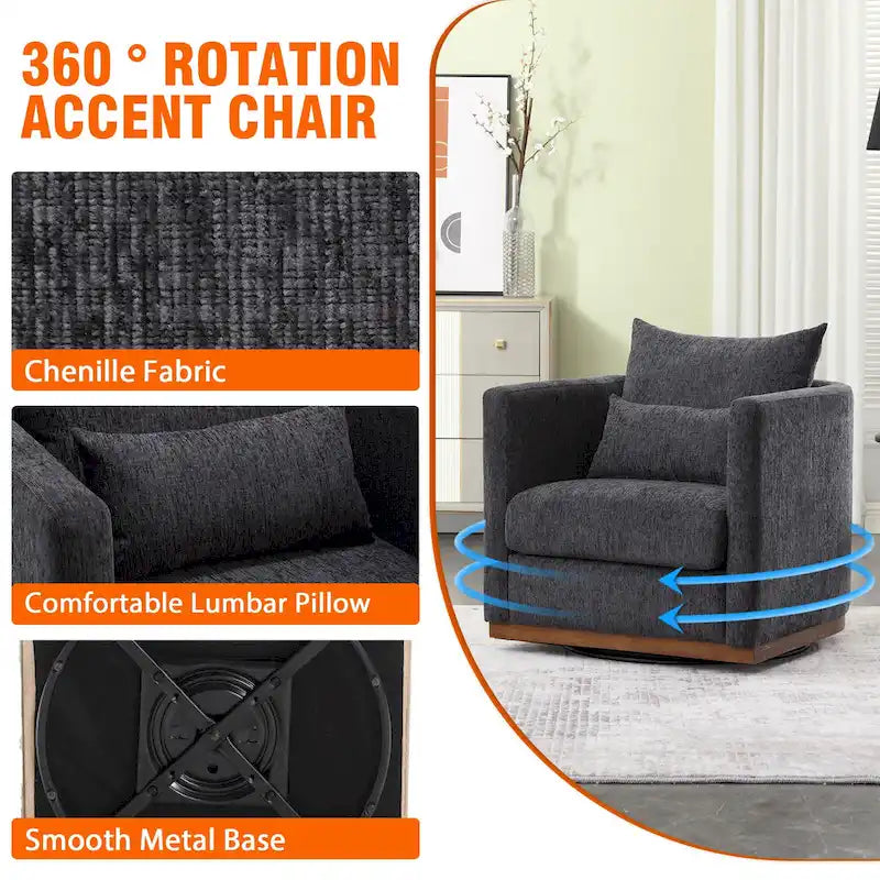 Chenille Upholstered 360 Degree Swivel Round Barrel Chair for Living Room