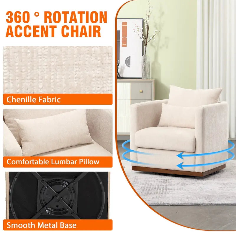 Chenille Upholstered 360 Degree Swivel Round Barrel Chair for Living Room