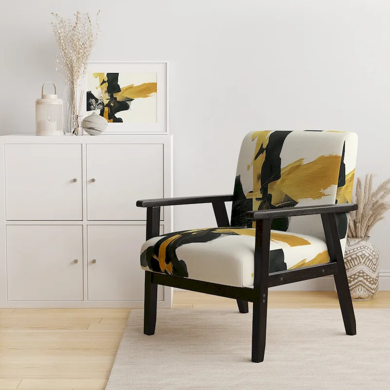 Silla decorativa tapizada abstracta geométrica negra y verde azulado IV de Designart; sillón moderno para dormitorio